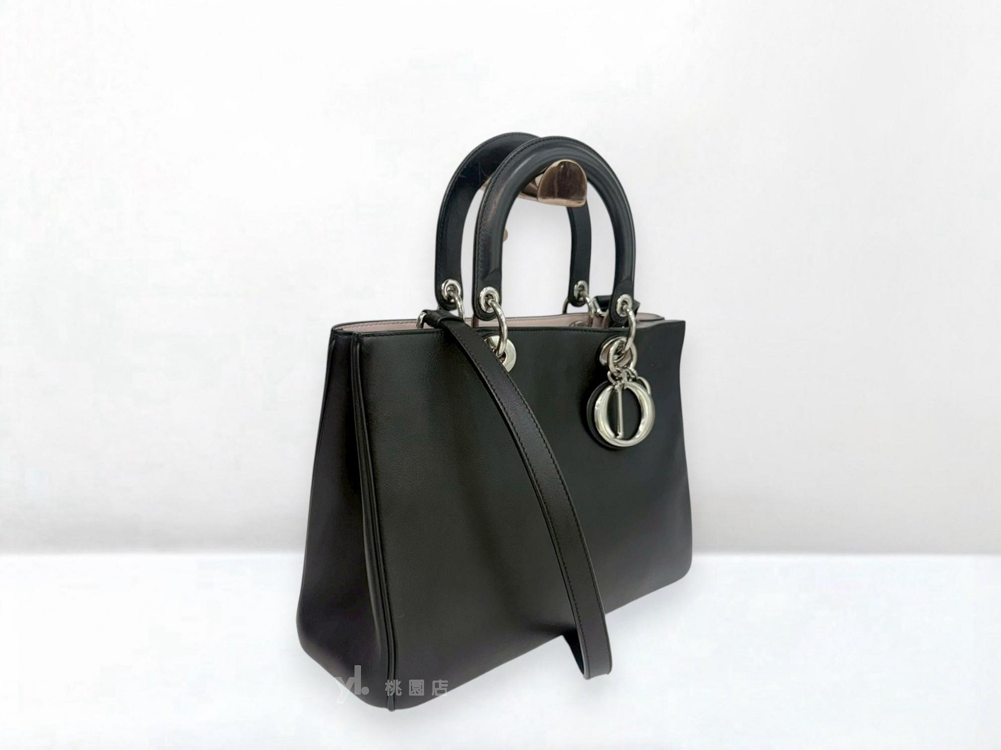 遠麗精品 132 C3923 DIOR包包 黑拚內裏淡粉色牛皮Diorissimo Tote銀釦手提斜背包 (桃園店)